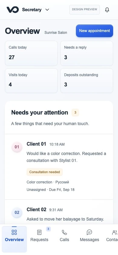 VO workspace on a phone with fictional calls and requests