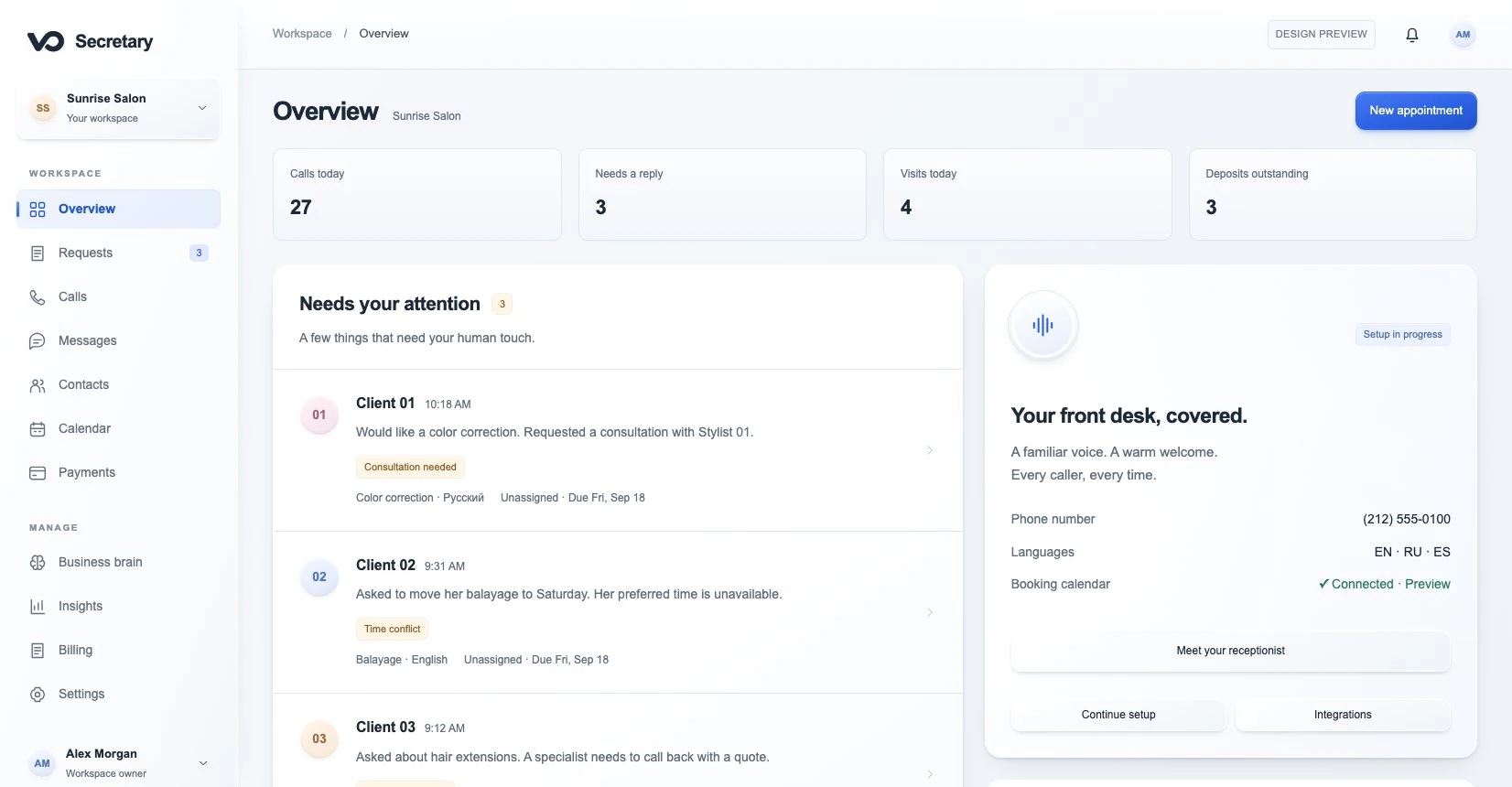 VO Secretary workspace overview with fictional sample data, showing calls, requests that need a reply and today’s appointments